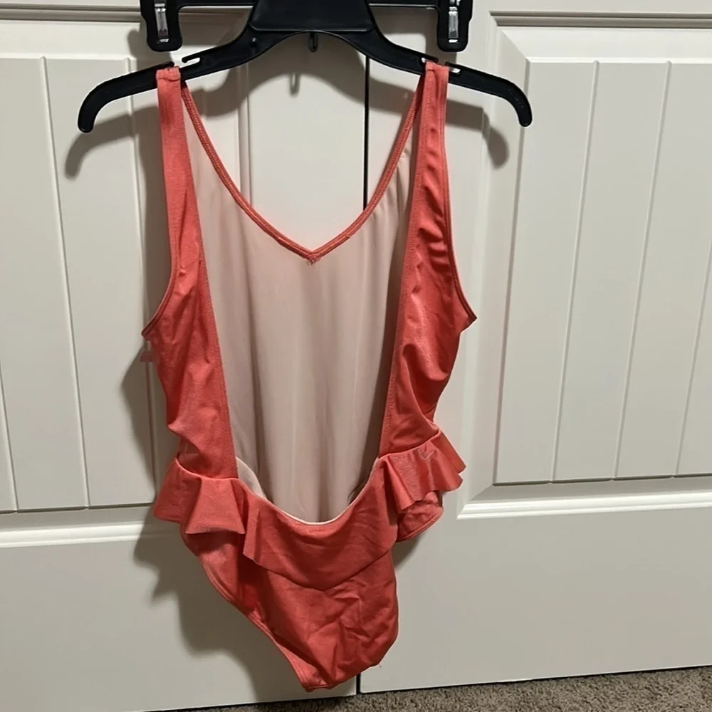Something Navy Ruffle Swimsuit One Piece Coral Sz m NEW